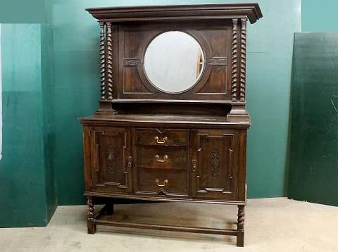ミラーバックサイドボード｜オーク材・1910年代 丸鏡とツイストコラム