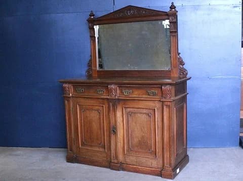 ミラーバックサイドボード｜マホガニー材・1880年代 彫刻ミラーのヴィクトリアン