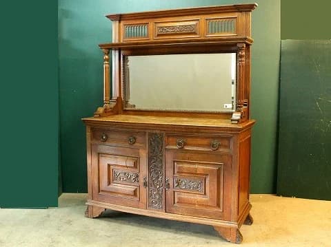ミラーバックサイドボード|マホガニー材・1930年代 エレガントな大型ミラー