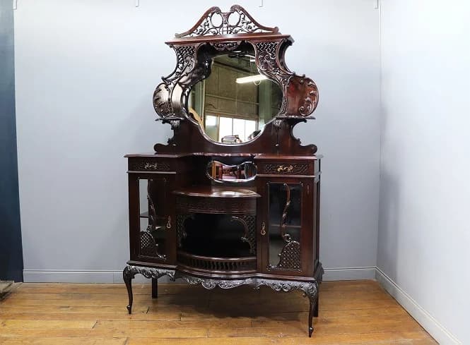 ミラーバックサイドボード|マホガニー材・1880年代 透かし彫りのヴィクトリアン